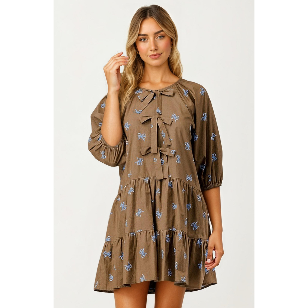 Knit and Lounge Bow Embroidery Tiered Mini Dress in Brown /Blue Butterfly  product
