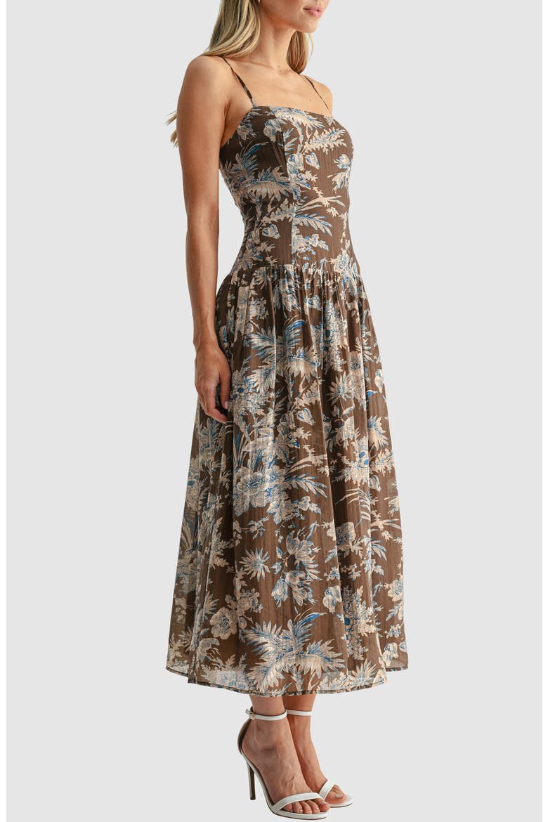 Square Neck Floral Tiered Midi Dress, Alternate, color, BROWN BLUE FLORAL
