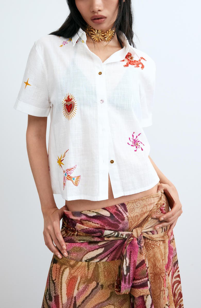 Desigual Beaded Appliqué Woven Shirt, Main, color, White