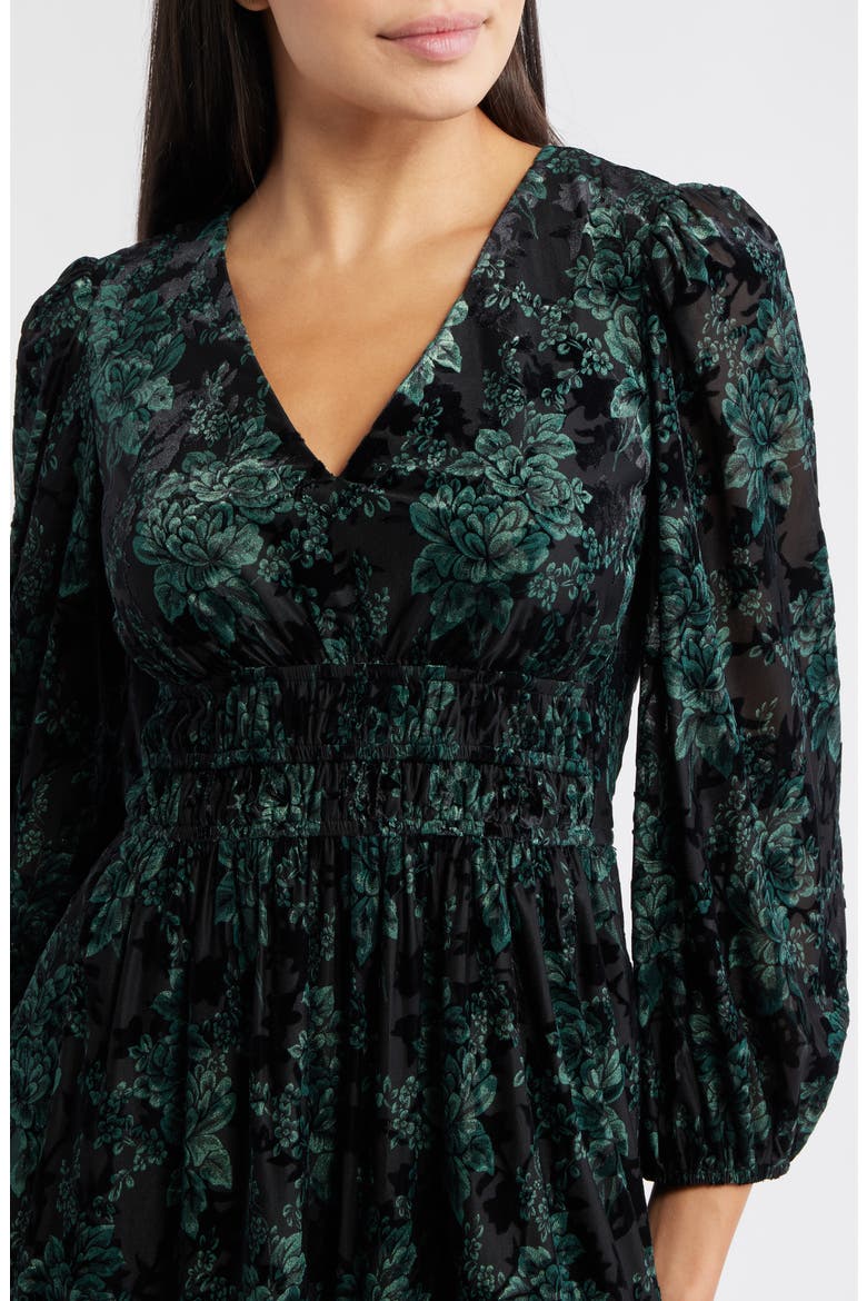 Velvet Floral Long Sleeve Dress, Alternate, color, HUNTER