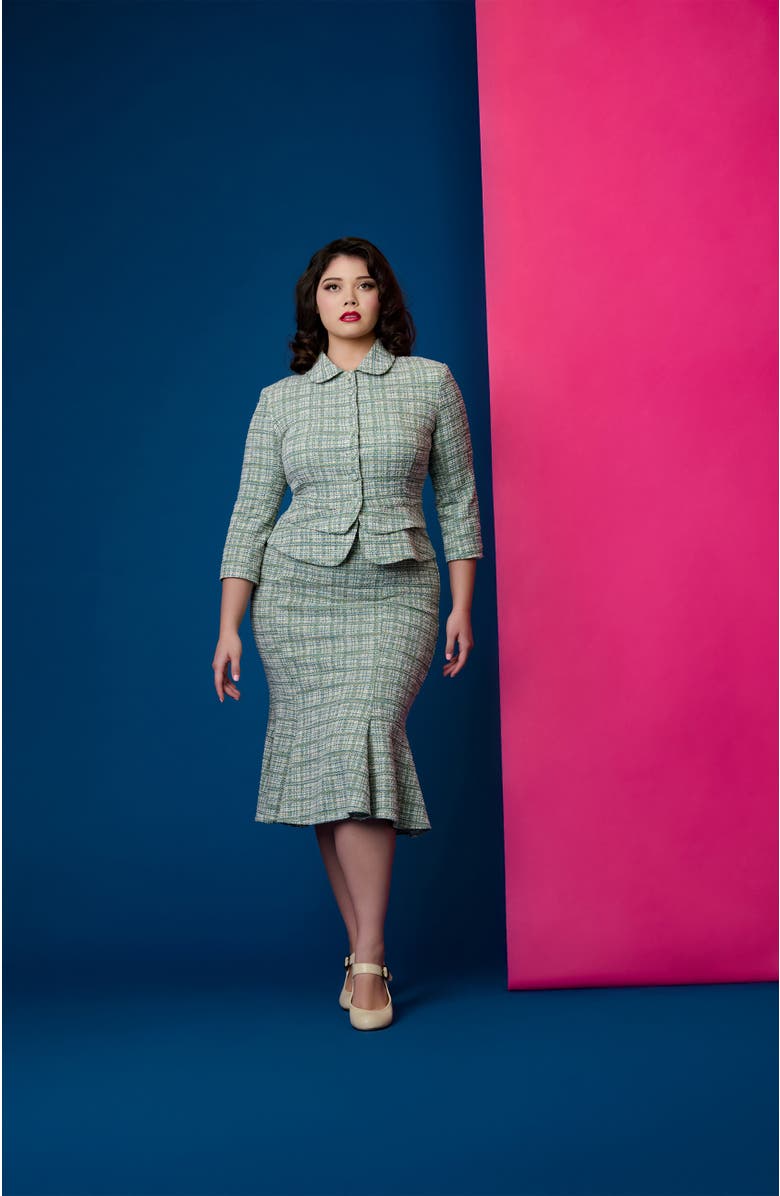 Unique Vintage Plus Size Boucle Peplum Jacket, Alternate, color, Green Plaid