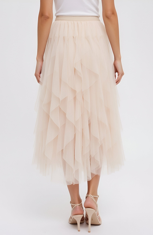 Modenaire Tiered Tulle Midi Skirt With Layered Ruffle Detail And Elastic Waistband In Neutral