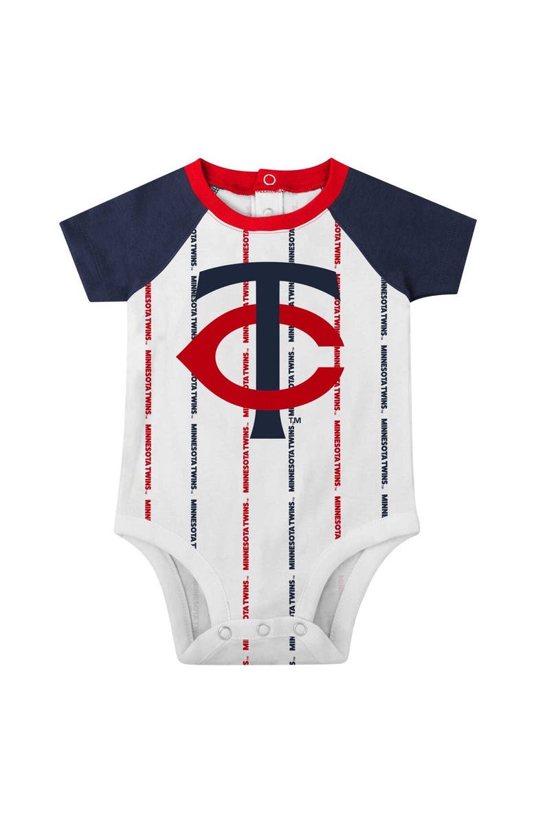 Outerstuff Newborn & Infant White Minnesota Twins Three-Piece Play Ball Raglan Bodysuit Booties & Bib Set, Alternate, color,