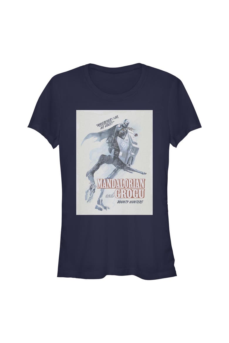 Junior's Star Wars The Mandalorian and Grogu Wherever I Go He Goes Bounty Hunters  Graphic T-Shirt, Main, color, Navy Blue
