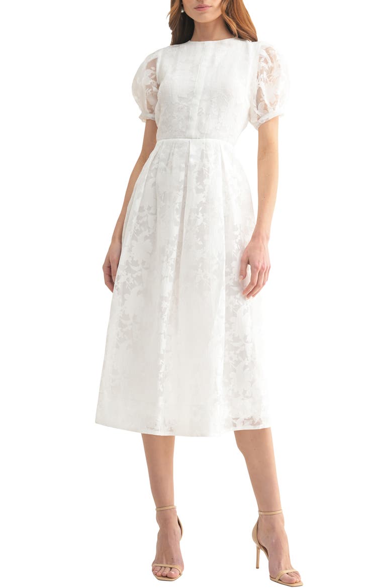 Jacquard Puff Sleeve A-Line Midi Dress, Main, color, WHITE