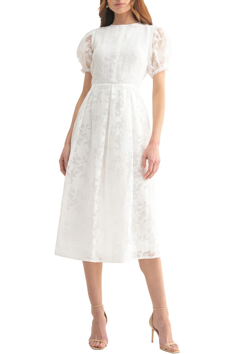 Mila Mae Jacquard Puff Sleeve A-Line Midi Dress, Main, color, White