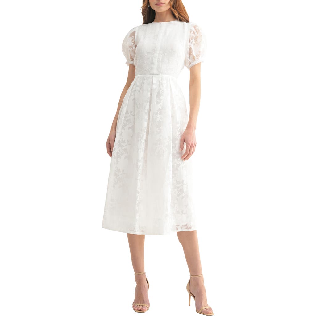 Mila Mae Jacquard Puff Sleeve A-line Midi Dress In White