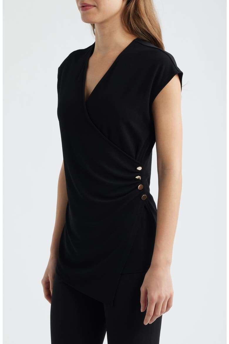 Side Button Faux Wrap Top, Alternate, color, ANNE BLACK