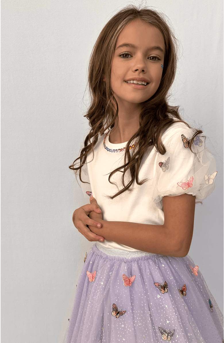 Lola + The Boys 3-D Rainbow Butterflies Puff T-shirt, Alternate, color, White