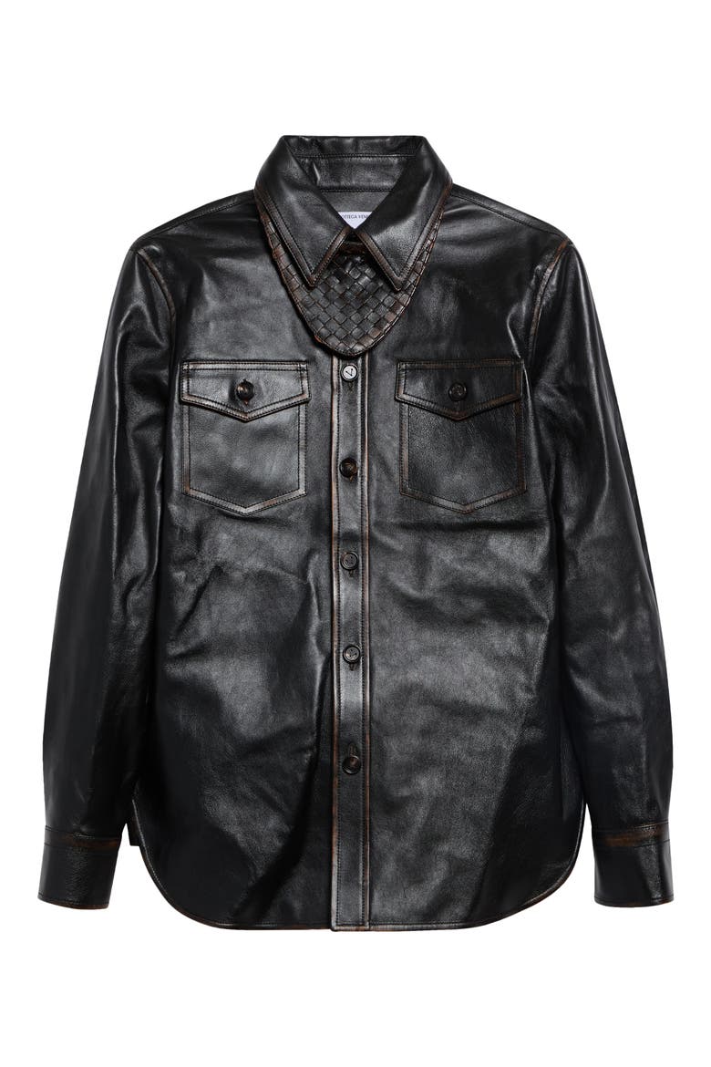 Intrecciato Rubbed Leather Shirt, Main, color, 1059 BLACK/ BROWN