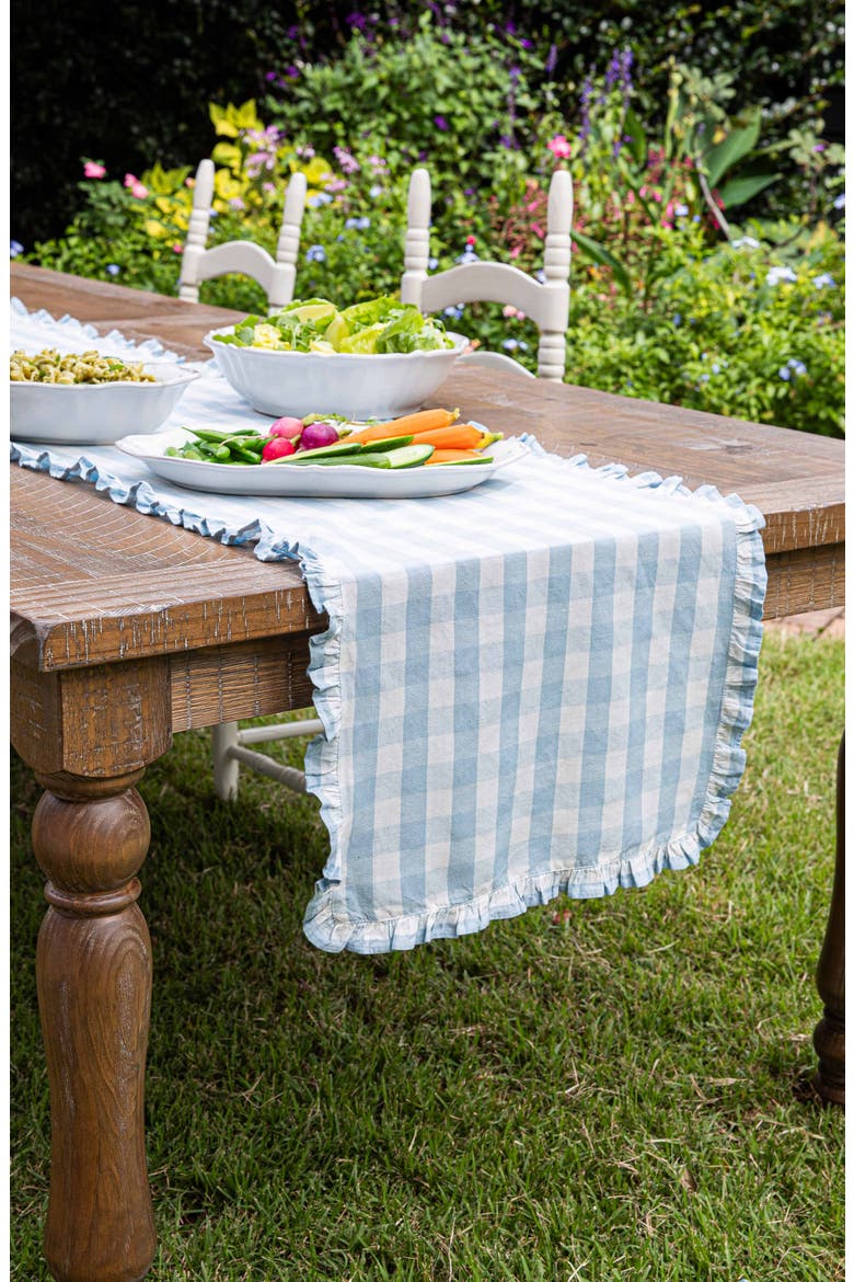 Gingham Ruffle Cotton & Linen Table Runner, Alternate, color, OCEAN