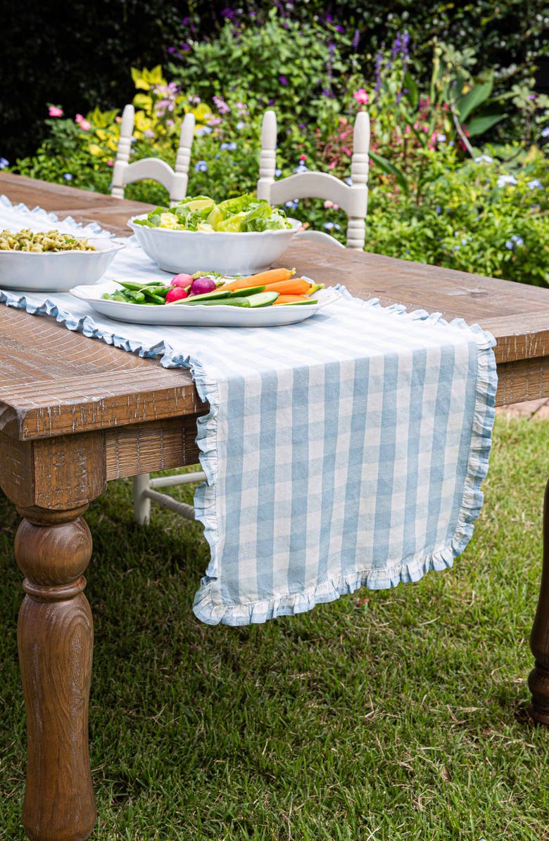 Juliska Gingham Ruffle Cotton & Linen Table Runner, Alternate, color, Ocean