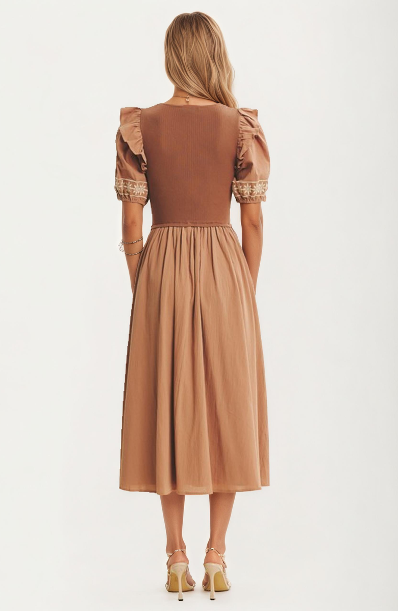 Knit and Lounge Embroidered Detail Puff Sleeve Midi Dress, Alternate, color, 