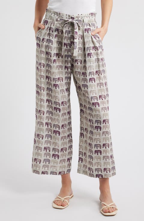Print Tie Waist Crop Wide Leg Pants