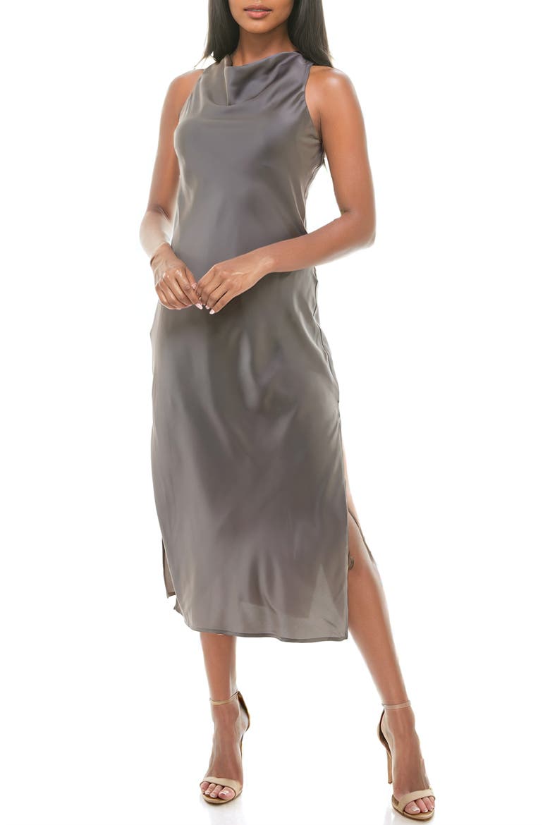 Cowl Neck Bias Cut Satin Midi Dress, Main, color, CHARCOAL GREY