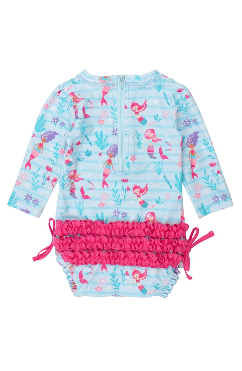 RuffleButts Baby Girls Mermaid Long Sleeve UPF50+ One Piece Rash Guard, Alternate, color, Blue Mermaid Princess