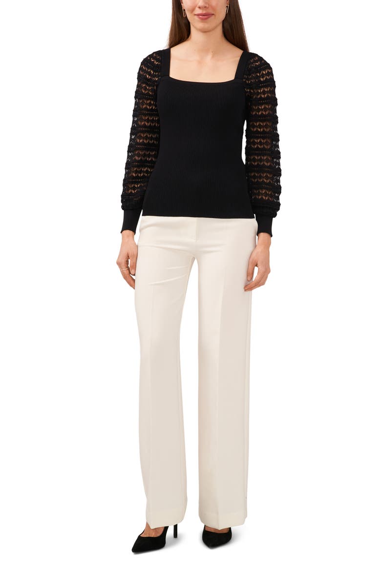 Lacy Sleeve Square Neck Sweater, Alternate, color, RICH BLACK