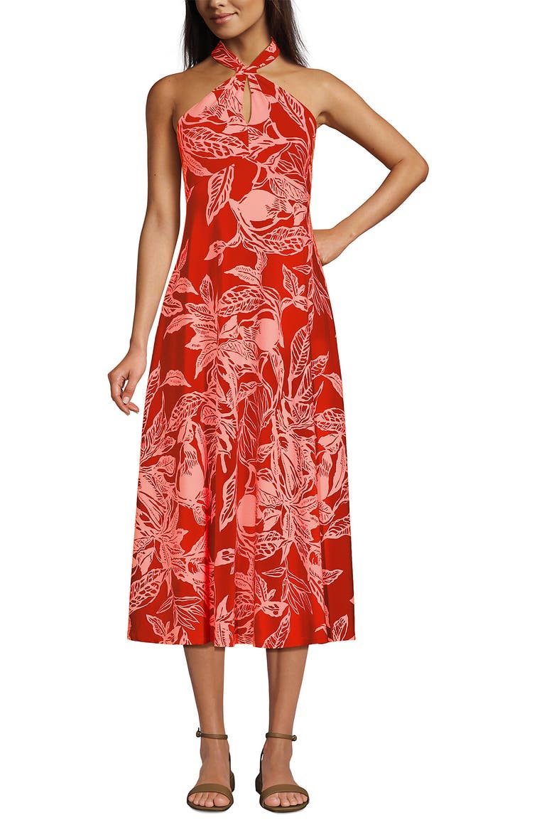 Cotton Modal Halter Midi Dress, Alternate, color, Mandarin Orange Etched Leaves