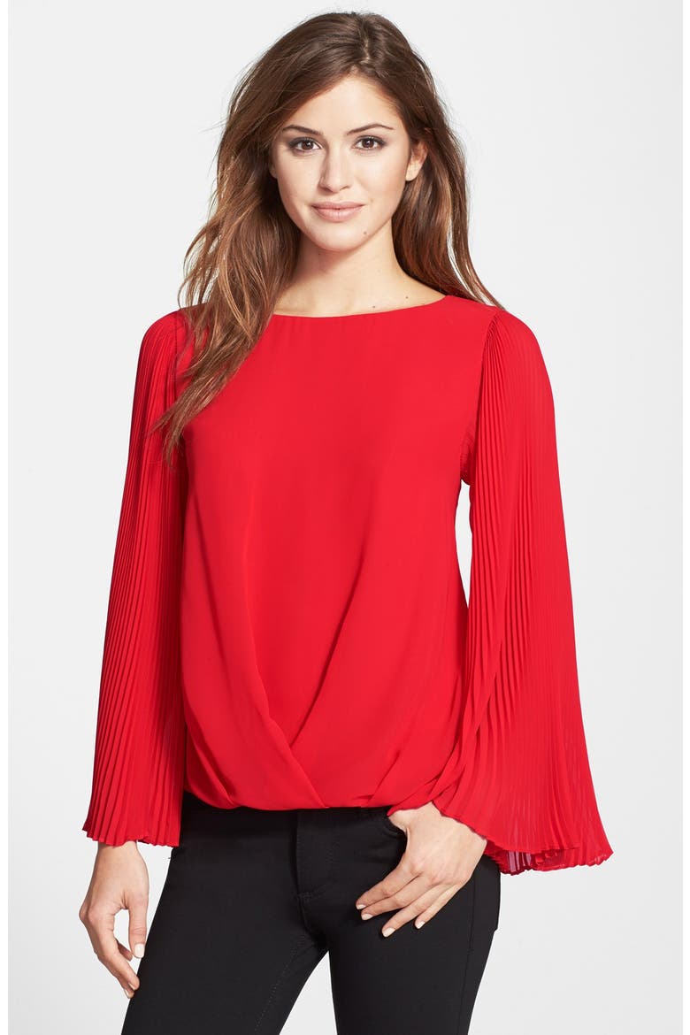 Pleat Sleeve Folded Front Blouse, Main, color, CHERRY