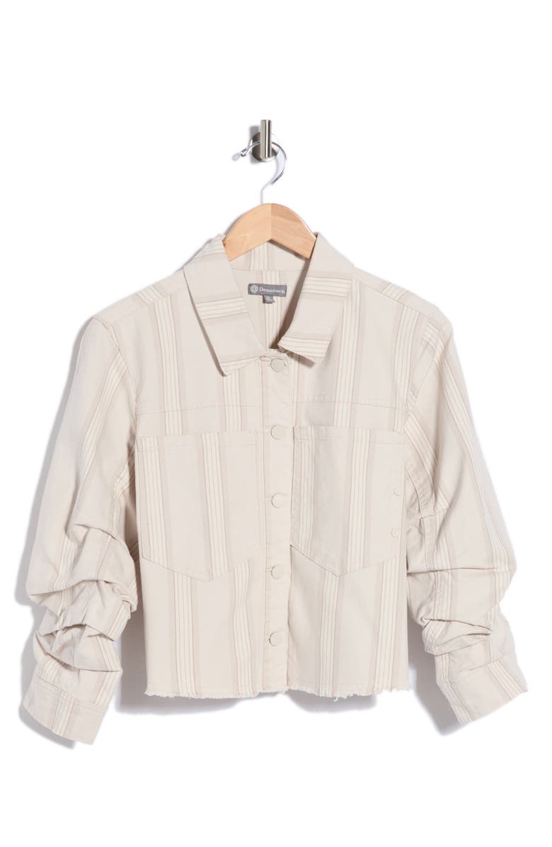 Democracy Ruched Sleeve Fray Hem Crop Jacket, Main, color, Ecru Stripe