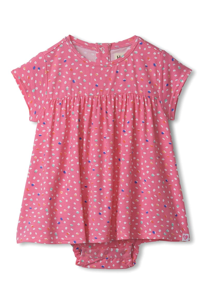Dot Print Skirted Bodysuit, Main, color, PINK CARNATION