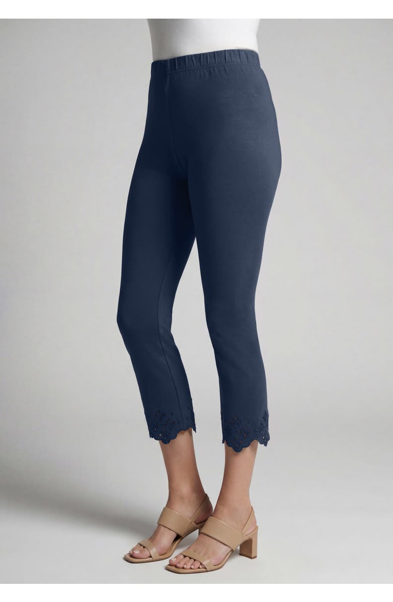 Jessica London Stretch Cotton Eyelet Capri Legging, Alternate, color, Navy Floral Eyelet
