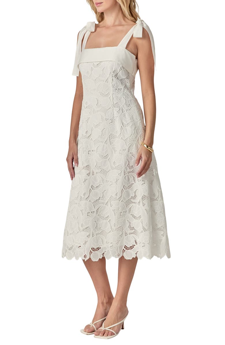 English Factory Tie Strap Lace Midi Dress, Alternate, color, White