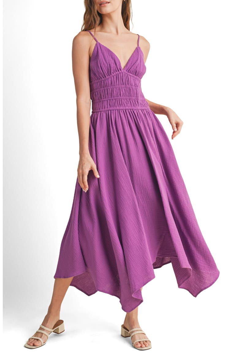 Smocked Handkerchief Hem Midi Dress, Main, color, VIOLET
