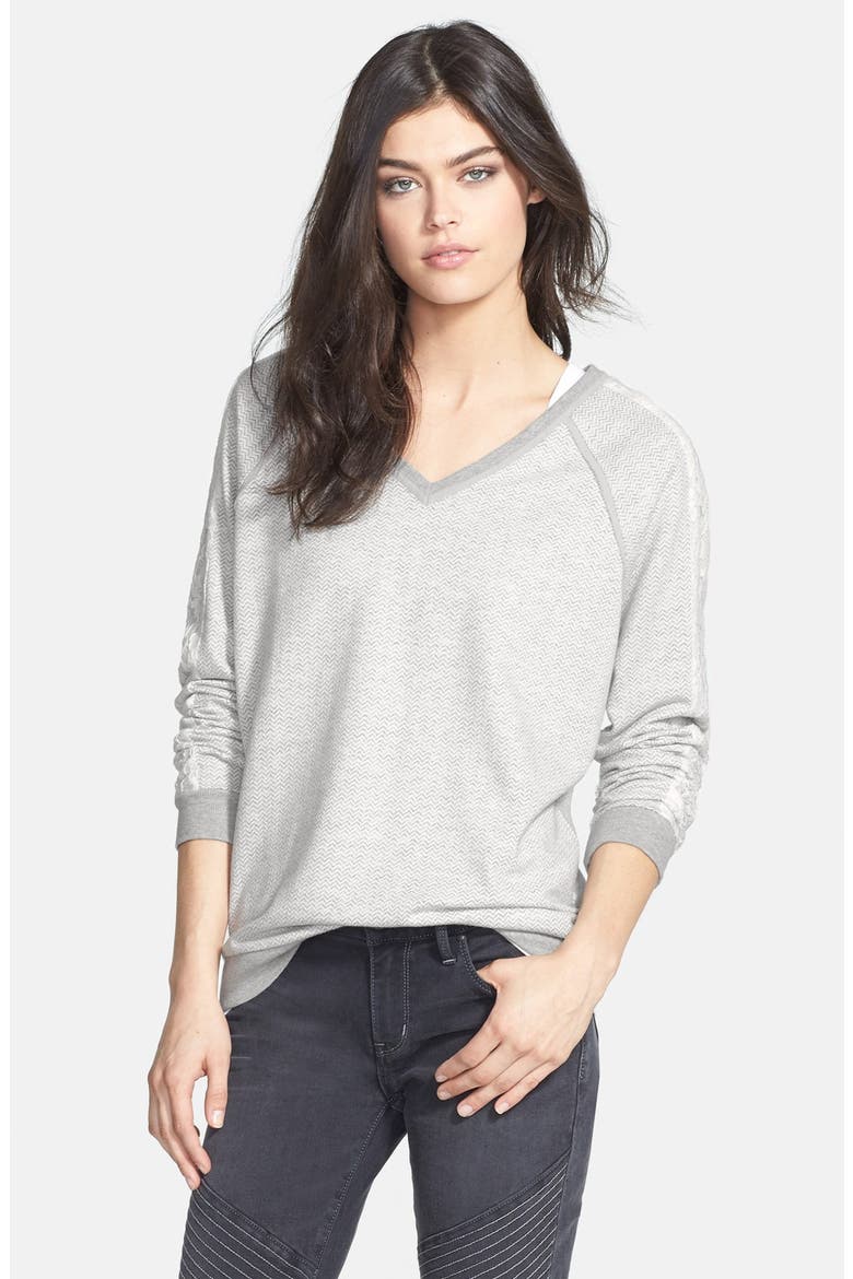 Hinge® Herringbone Print V-Neck Pullover, Main, color, GREY HERRING BONE
