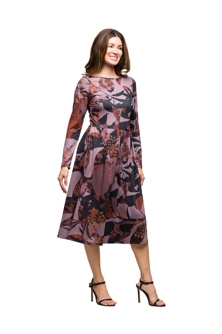 Long Sleeve Midi Dress Floral Print, Alternate, color, Gray Multi