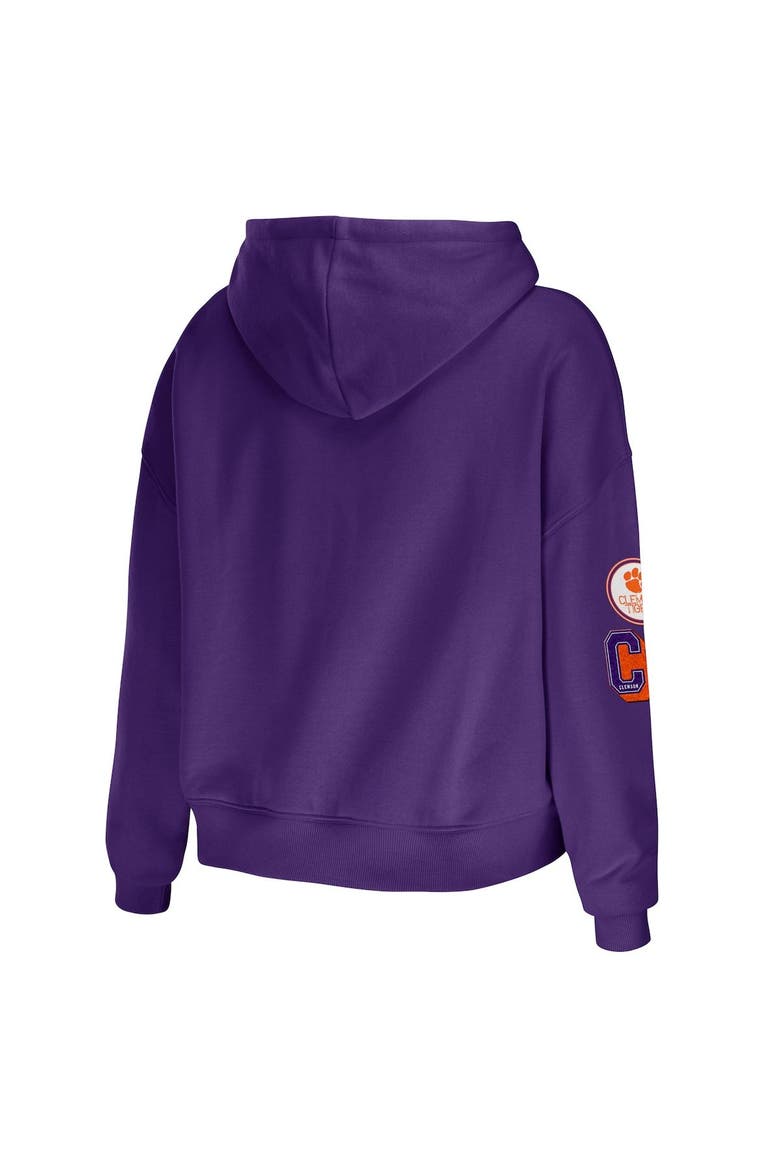 Women's WEAR by Erin Andrews Purple Clemson Tigers Mixed Media Cropped Pullover Hoodie, Alternate, color, Purple