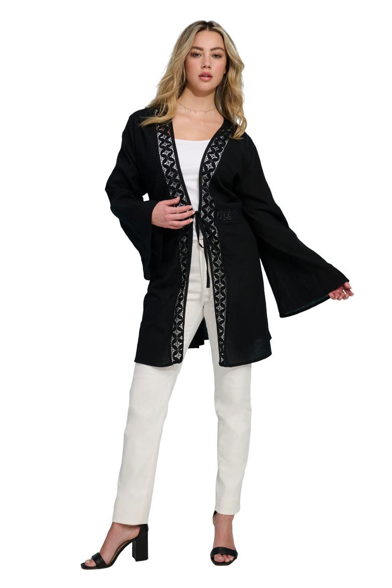 Plus Size Lace Trim Tassel Bell Sleeve Wrap, Main, color, BLACK