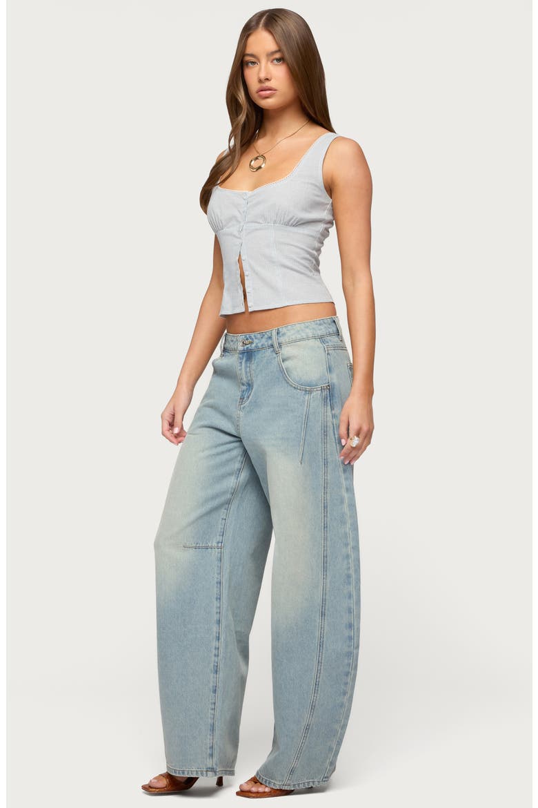 Katiya Pinstripe Crop Cotton & Linen Button-Up Top, Alternate, color, BLUE-AND-WHITE