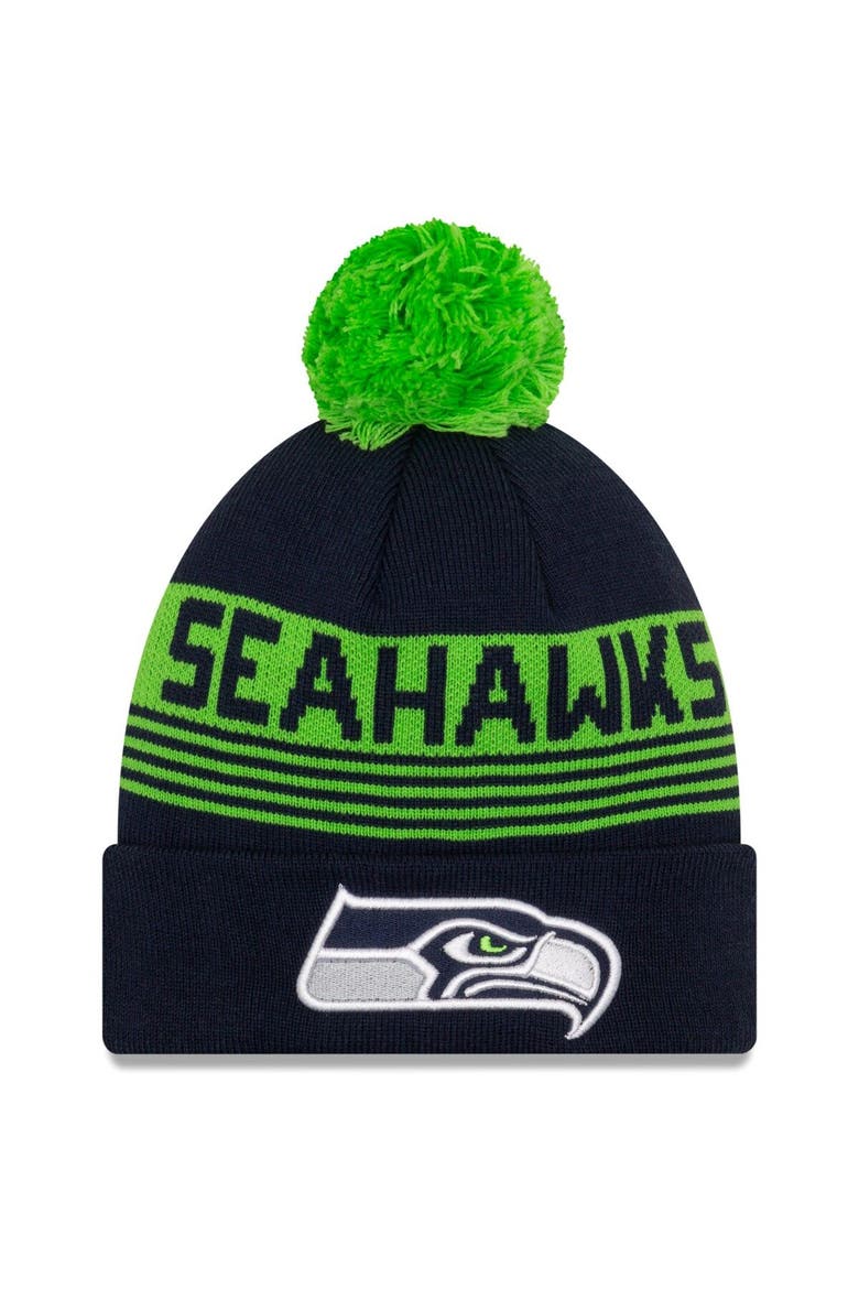 Men's New Era College Navy Seattle Seahawks Proof Cuffed Knit Hat with Pom, Main, color, Navy
