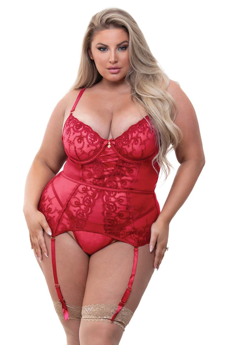 Seven ‘til Midnight Lace & Mesh Bustier & G-String Set, Alternate, color, Red