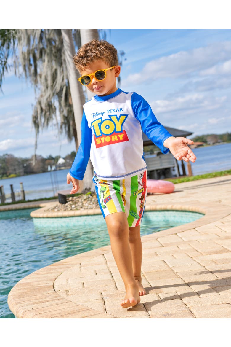 Toy Story Swimwear 2-Piece Rash Guard and Swim Trunks Set, Alternate, color, Toy Story Blue Stripe