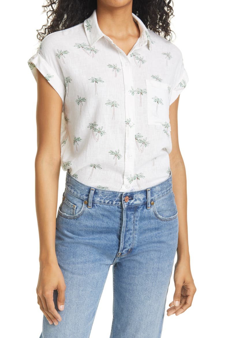 Whitney Short Sleeve Linen Blend Camp Shirt, Main, color, SKETCHED PALMS