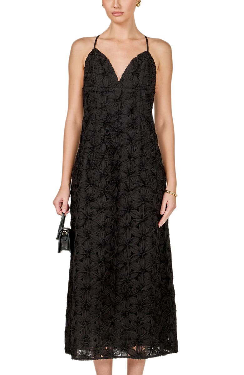 Endless Rose Textured Floral Midi Dress, Alternate, color, Black