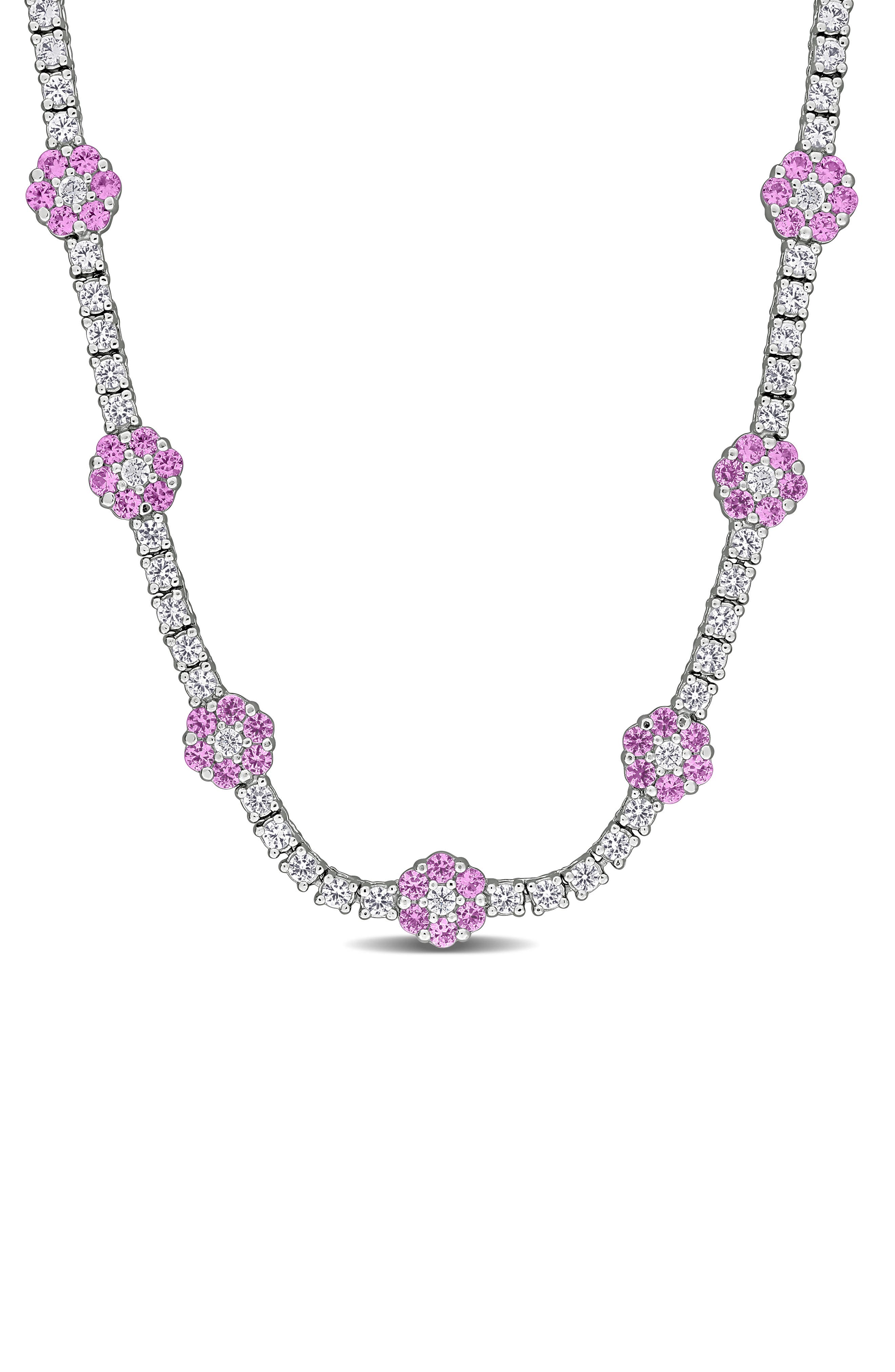 DELMAR Lab Created Pink Sapphire & White Sapphire Floral Station Necklace