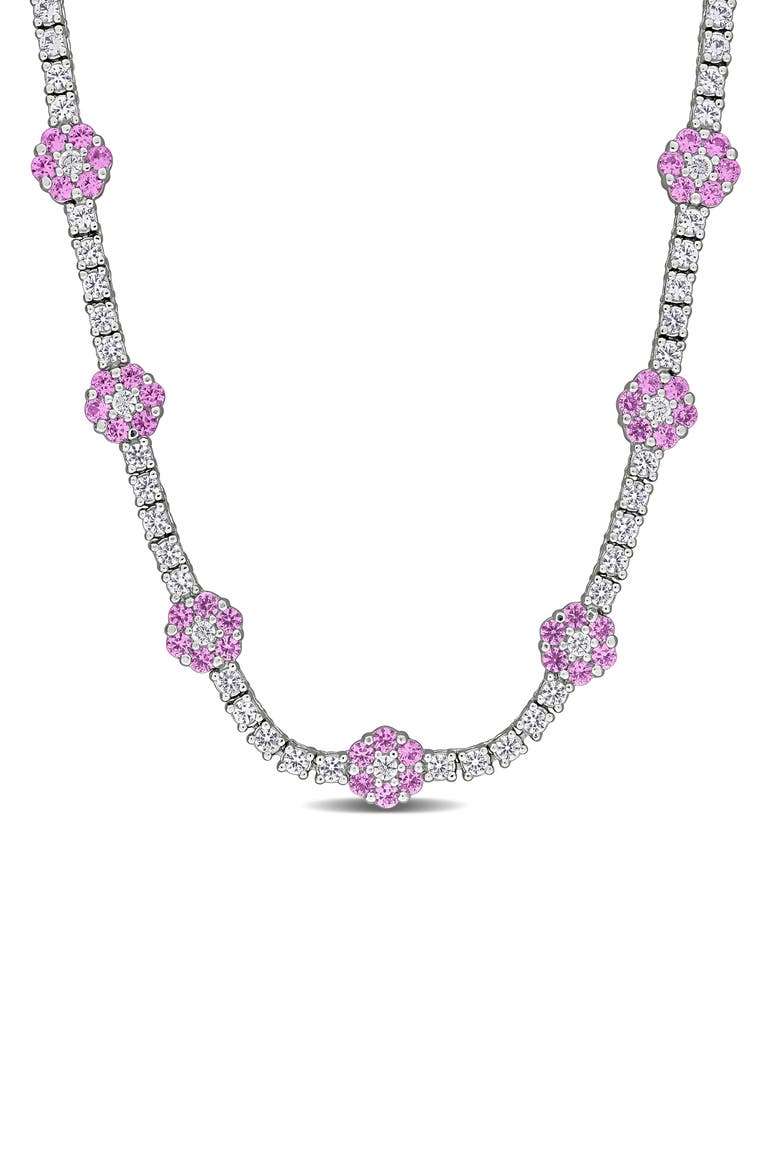Lab Created Pink Sapphire & White Sapphire Floral Station Necklace, Main, color, PINK
