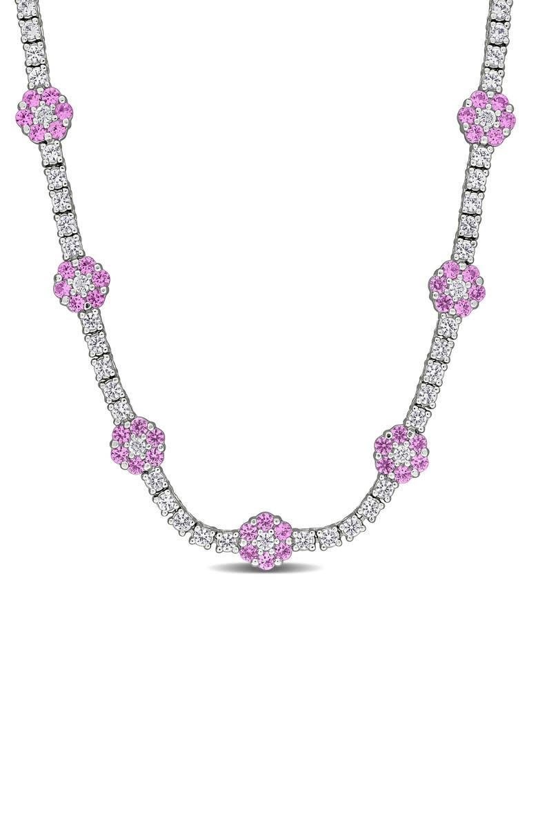 DELMAR Lab Created Pink Sapphire & White Sapphire Floral Station Necklace, Main, color, Pink