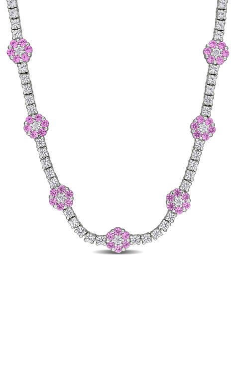 Lab Created Pink Sapphire & White Sapphire Floral Station Necklace