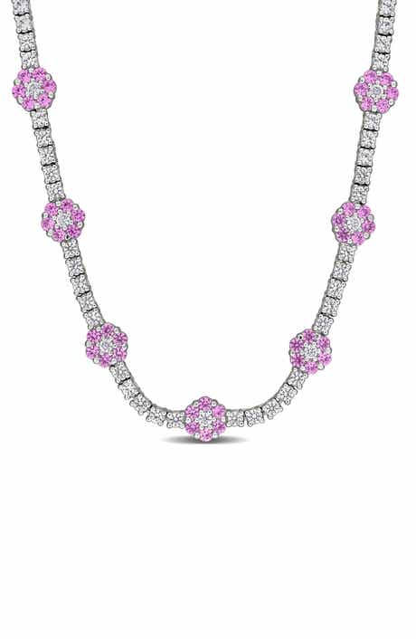 DELMAR Lab Created Pink Sapphire & White Sapphire Floral Station Necklace