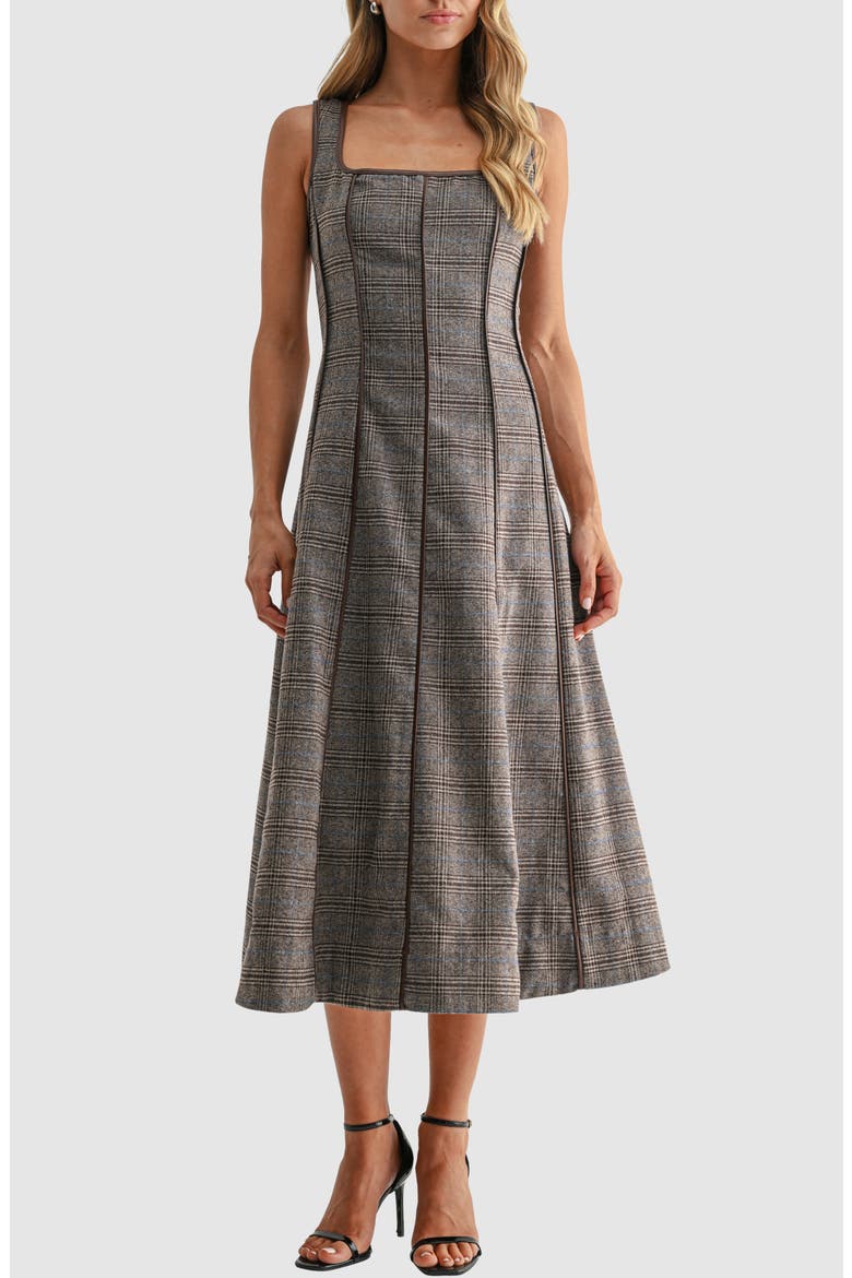 Plaid Faux Leather Trim A-Line Midi Dress, Alternate, color, BROWN
