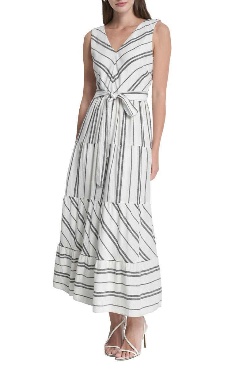 DKNY Stripe Sleeveless Linen Blend Midi Dress, Main, color, White/Black