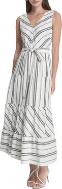 DKNY Stripe Sleeveless Linen Blend Midi Dress