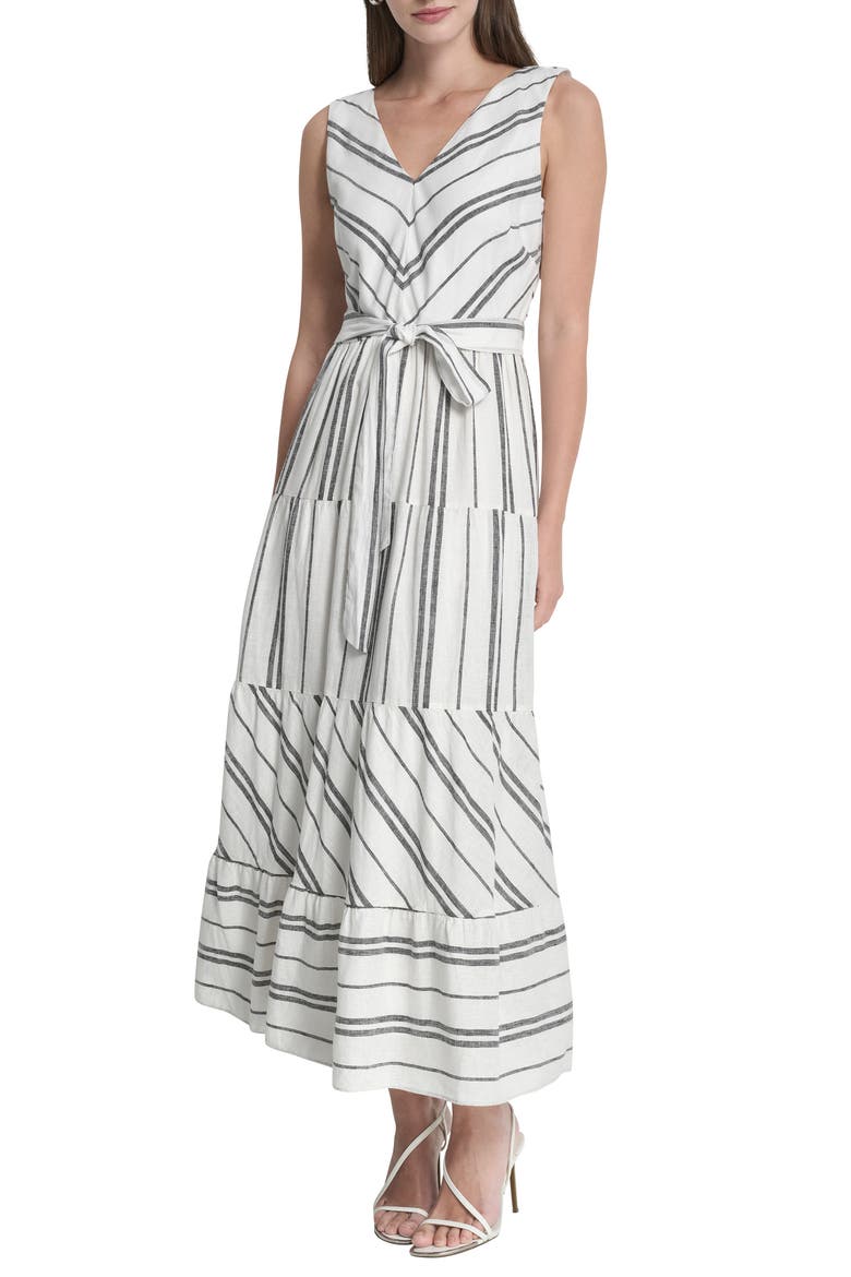 shimmer striped linen blend square neck midi dress Express Women's Striped Square Neck Midi Sweater Dress in Neutral Medium