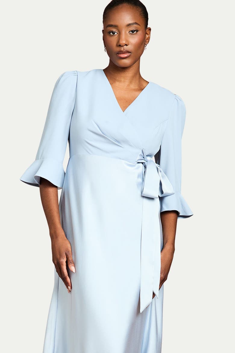 Satin Back Crepe Wrap Dress, Alternate, color, Pale Blue