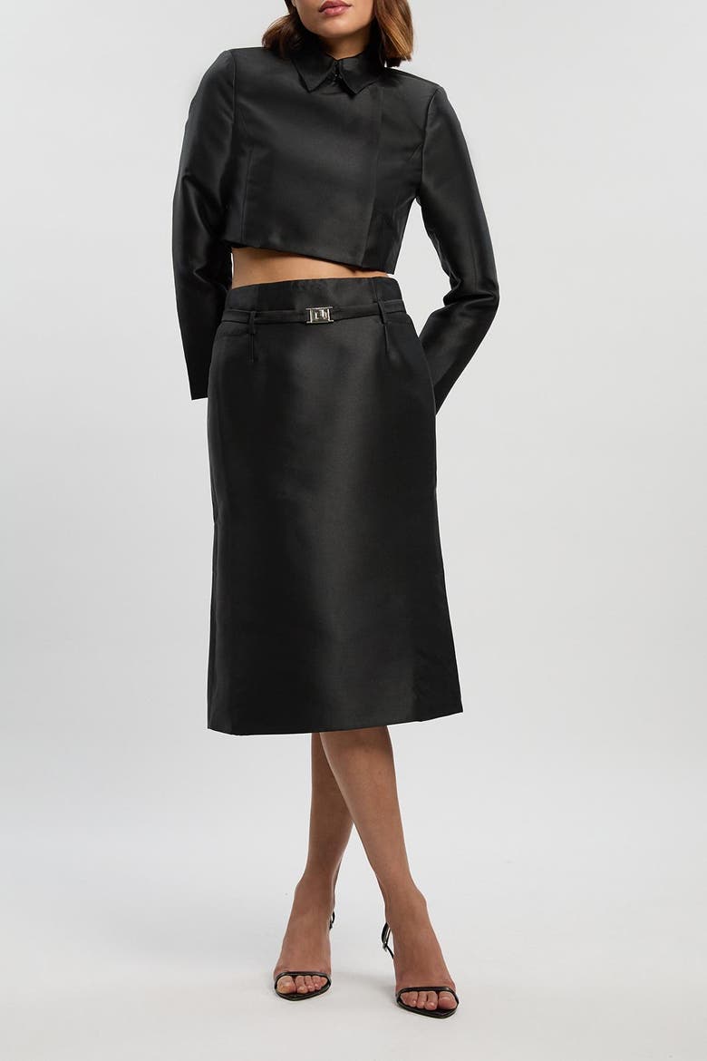 Satin Twill Belted Tailored Midi Skirt, Alternate, color, Black