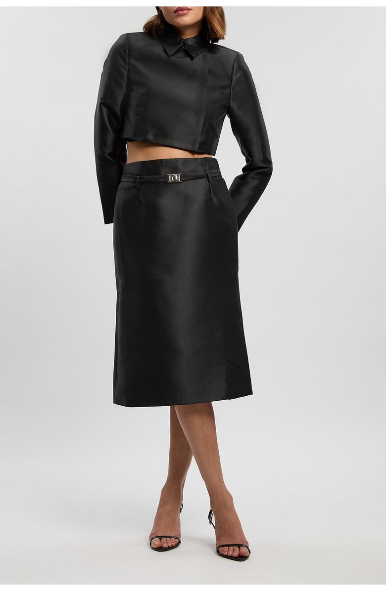 Karen Millen Satin Twill Belted Tailored Midi Skirt, Alternate, color, Black